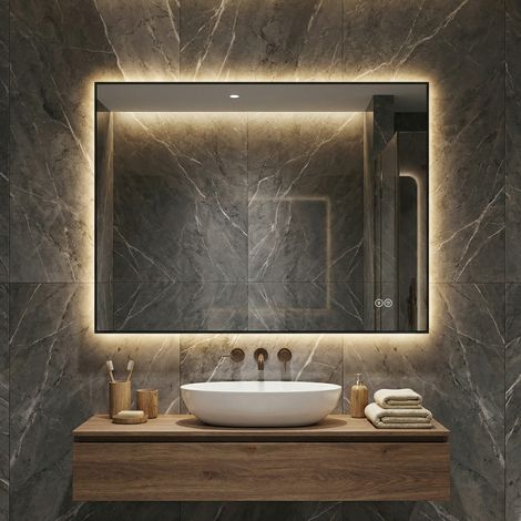 Miroir LED 60x80 cm pour salle de bain, anti-buée, 3 couleurs, variateur, mémoire, cadre aluminium argent (1/5)