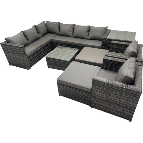 Fimous Rattan Garden Furniture Patio Furniture Sets with Corner Sofa Square Coffee Table 2 Big Stool Dark Grey Mixed (1/5)