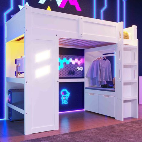 Cama alta 90x200cm con cajones escritorio integrado luces LED puertos USB y Type C madera color blanco (Sin colchón)