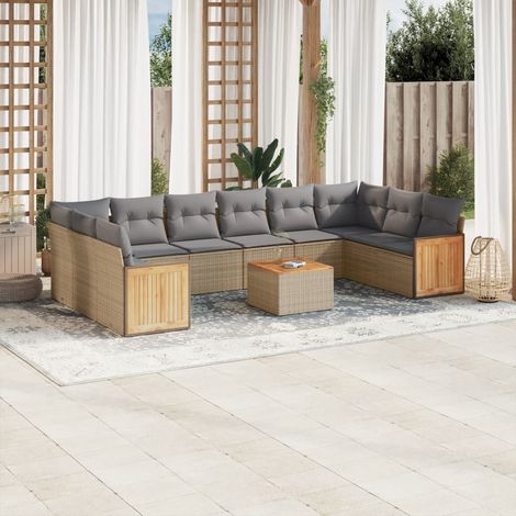 11-tlg. Garten-Sofagarnitur mit Kissen Beige Poly Rattan (1/5)