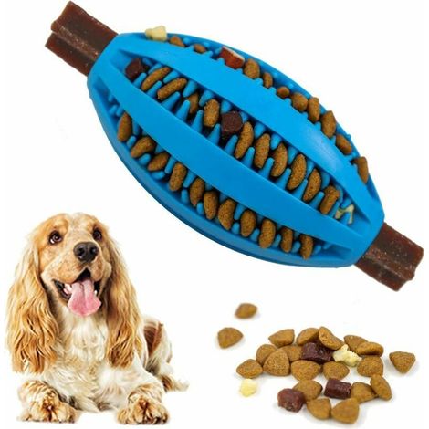 Pelota de juguete dispensadora de golosinas para perros, juguete de rugby de goma resistente para perros, azul (1/5)