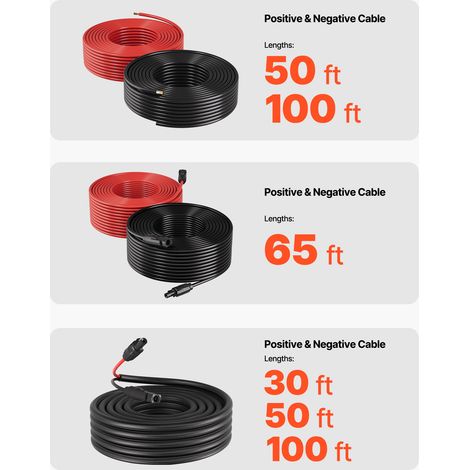 VEVOR Solar Panel Extension Cable, 65 ft Black + 65 ft Red, 10 AWG (6 mm²), Solar Panel Wire with Female and Male Connectors, IP67 Waterproof PV Tinned Copper Wire, for Outdoor Photovoltaic Systems (1/4)