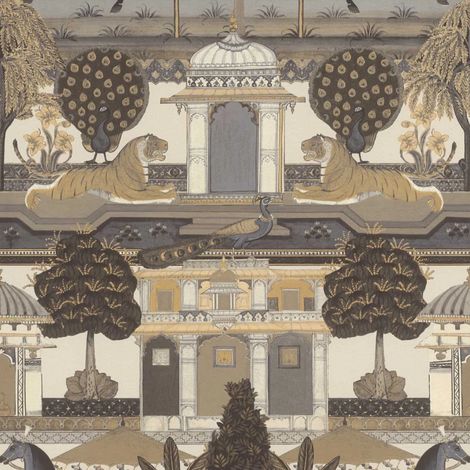 Indian Palace Tiger Peacock Vinyl Wallpaper Lilac Grey Ornate Feature Wall (1/4)