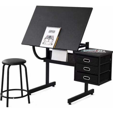 Mesa de dibujo regulable de MDF y metal con taburete y 3 cajones, negro (1/5)