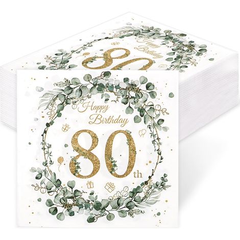 60 Pcs serviettes anniversaire 80 ans – deco papier vert sauge eucalyptus (1/5)