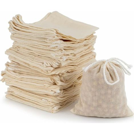 50 Pièces Sacs en Mousseline de Coton, Sachets Filtre à Thé Réutilisables avec Cordon pour Filtration de laitier, Épices de Magasin, Trempage de Liqueur Médicinale (8 x 10cm) (1/5)