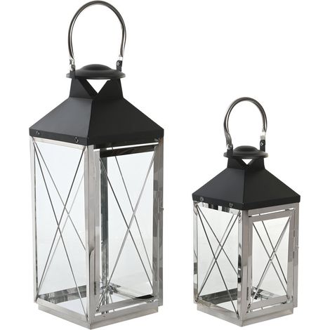 Lampe Lampe Set 2 Stahlglas 18x18x43 Glas Chrom schwarzer Stahl mehrfarbiger Materialfamilie der Farblaterne- und Kerzenstickdetails (1/4)