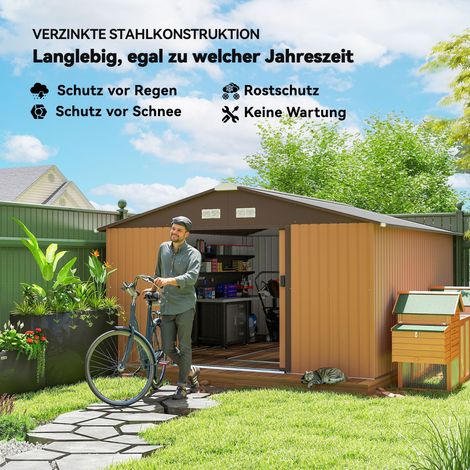 Abri extérieur imperméable pour rangement d'outils de jardin, avec grilles de ventilation, portes coulissantes, en acier, teinte jaune (1/4)