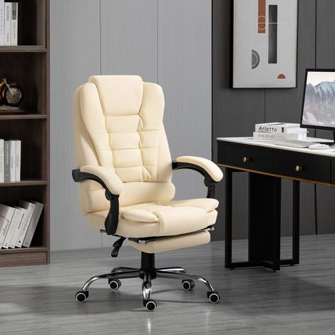 Silla de oficina con reposapiés, silla de escritorio, respaldo ajustable, altura regulable, color crema + negro + plata.