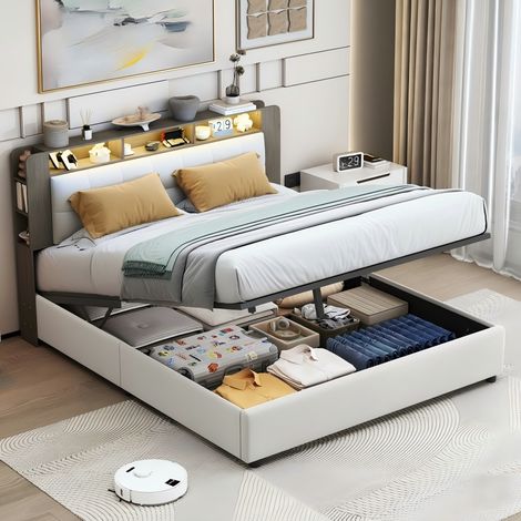 Bett 160 x 200 cm – Bettkasten 160 und Lattenrost – mit Kopfteil mit Stauraum, kabellosem Ladegerät, LED-Streifen – cremeweißer Stoff