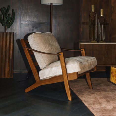 Fauteuil lounge 90x67x79 cm en tissu beige et bois noyer