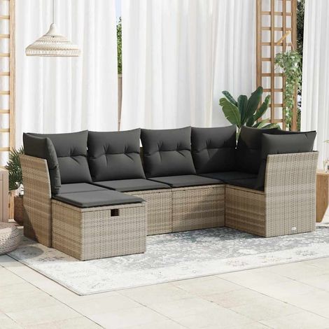 vidaXL Rattan - 6-tlg. Garten-Sofagarnitur mit Kissen Hellgrau Poly Rattan (1/5)