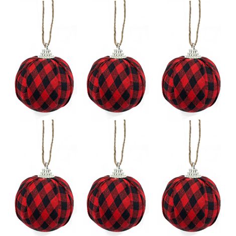Lot de 6 boules de Noël suspendues en tissu à carreaux rouges et noirs de 4 cm, pour la décoration des fêtes. (1/5)