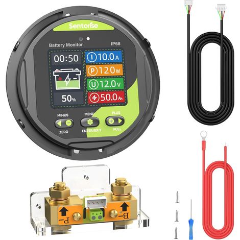 0-500A moniteur batterie avec shunt, 8-120V, écran LCD IP68 étanche, alarme sonore pour camping-car, solaire, marin, off-grid. Affichage capacité %, temps, puissance, tension (1/5)