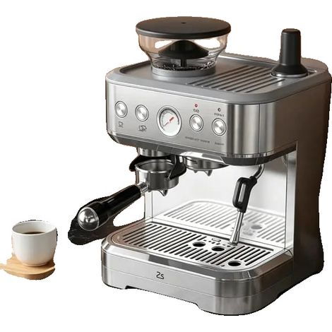 Cafetera espresso, sistema de presión de 15 bares, depósito de agua de 2,5 litros, molinillo integrado, espumador de leche automático, dimensiones compactas. (1/5)