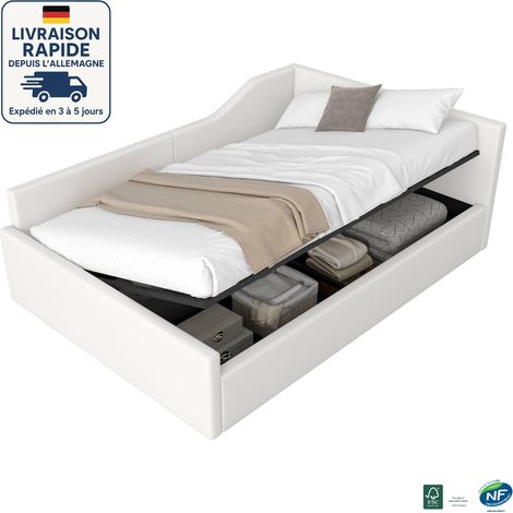 MODFU - Cama abatible para adultos 140x200cm, sofá cama, hidráulico, somier tapizado, sin colchón, lino, beige