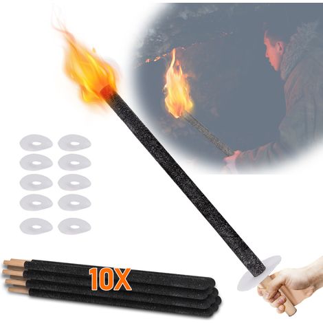Randaco Lot de 10 Torches en Cire 42cm, 45 min - Flambeaux de Jardin avec Pare-gouttes et Manche en Bois - Torches d'Extérieur pour Fête
