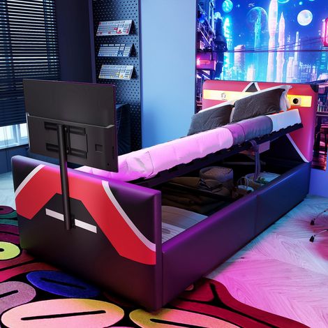Lit enfant 90200cm style e-sport avec revêtement en similicuir color block, éclairage LED multicolore, espace de rangement hydraulique et support TV intégré. Lit gaming multifonctionnel., garantie... (1/5)