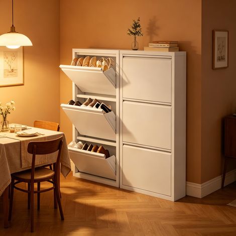 Meuble à chaussures d'entrée étroit, rangement moderne avec 2 étagères, armoire fine pour couloir, mobilier compact et pratique. (1/5)
