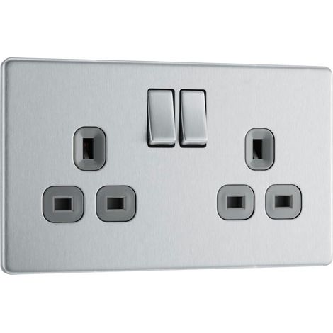 Prise murale à double interrupteur Plaque plate sans vis Acier brossé Inserts gris 13 A (1/5)