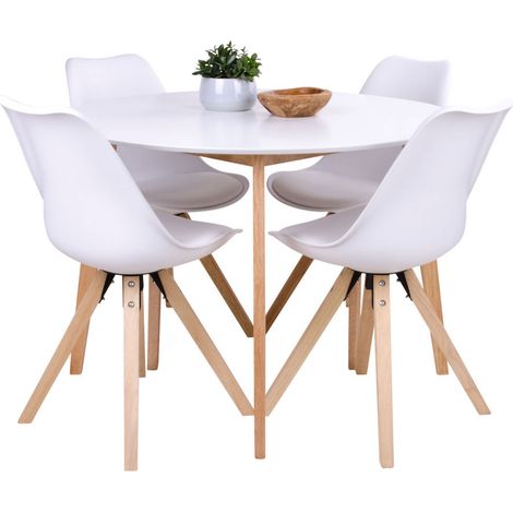 Ensemble table ronde 105 cm et 4 chaises en PU blanc - KONGAS