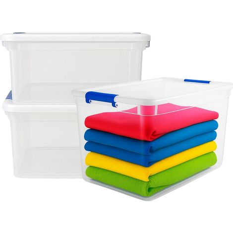3 Contenitori salvaspazio da 65 litri in plastica trasparente resistente con coperchio e chiusure a scatto - Ideale per riporre vestiti, biancheria e (1/5)