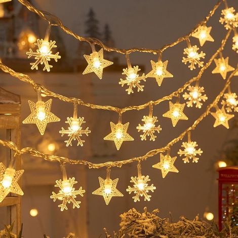 Guirlande lumineuse à boules pour une ambiance chaleureuse, avec boîtier à piles pour l'extérieur, motif étoiles et flocons de neige, blanc chaud, 20 LED, 3 m, modèle à brancher. (1/4)