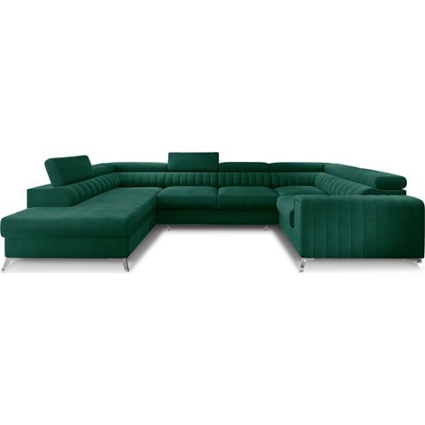 Canapé panoramique convertible LOUVE velours - Rangement et têtières réglables à gauche-Vert-Coffre à gauche (1/5)