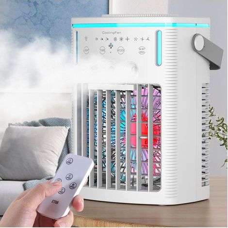 Aire acondicionado portátil 4 en 1, ventilador personal con depósito de agua de 1000 ml, temporizador, 3 boquillas de vapor, 7 luces nocturnas, carga USB - KZQ (1/5)