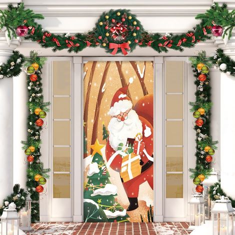 Stickers de porte de Noël, décorations de porte Père Noël, décorations de fête du Nouvel An, décorations de fêtes, banderoles/décorations de porte - 90 x 180 cm (avec trous et ruban) - 15