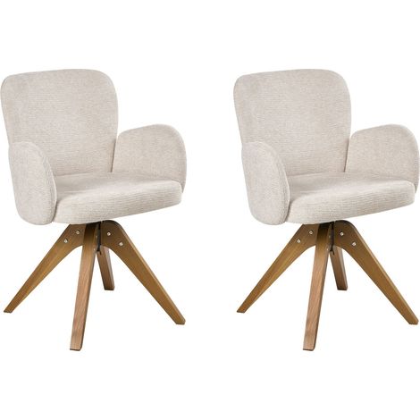 Set of 2 Swivel Dining Chairs Light Beige Fabric Upholstery Metal Rotating Wooden Legs Base JEAN (1/5)