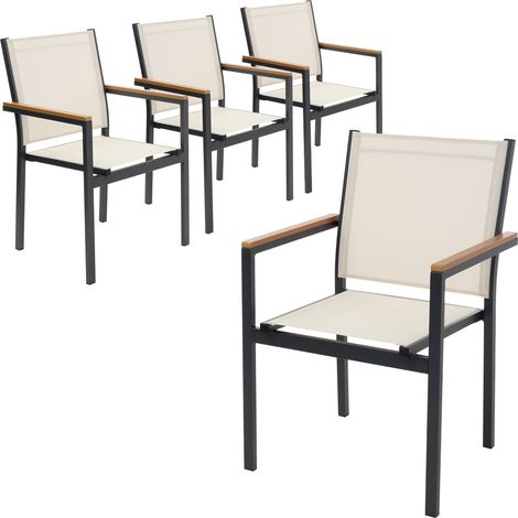 ML-Design Gartenstühle 4er Set mit Armlehnen in Holzoptik, Beige, Gartenstuhl aus Textilene, Terrassenstühle mit Aluminiumgestell, Balkonstuhl wetterfest/stapelbar, Sessel für Garten Balkon & Terrasse