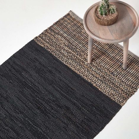HOMESCAPES Black Recycled Leather Handwoven Herringbone Rug, 150 x 240 cm