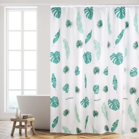 Rideau de douche - - Polyester imperméable - 180x200cm - Motif feuille verte - 12 crochets inclus (1/4)