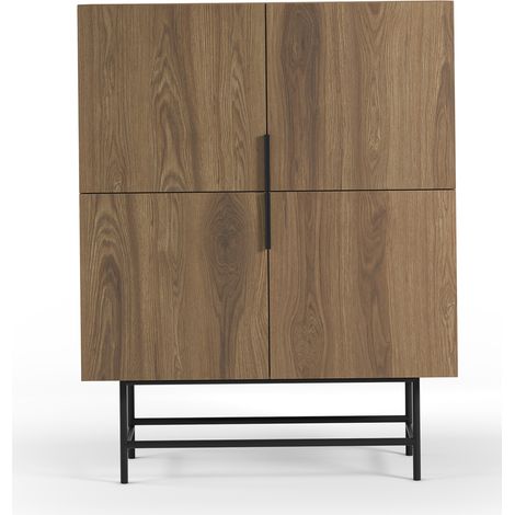 Buffet, meuble de rangement avec 4 portes aspect bois coloris chêne, pieds en métal coloris noir - Longueur 100 x Profondeur 40 x Hauteur 128 cm (1/5)