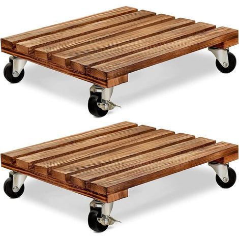 Lot de 2 chariots à plantes à roulettes, carrés, en bois, pour pots de 30 cm de côté. Roue avec frein en métal. (1/5)