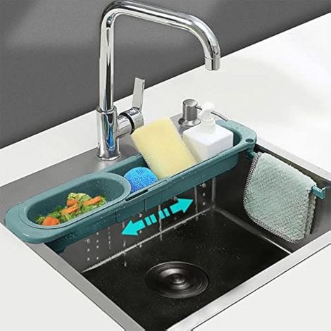 Support Télescopique De Vidange D'évier, Rangement Evier avec Porte Serviettes, Support de Savon De Stockage Extensible éponge égouttoir Plateau d'évier pour Cuisine à Domicile (Vert) (1/5)