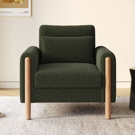 Fauteuil relax en tissu Teddy vert, assise épaisse, coussin moelleux, accoudoirs, pieds en bois massif, 87 x 83 x 88,5 cm (1/5)