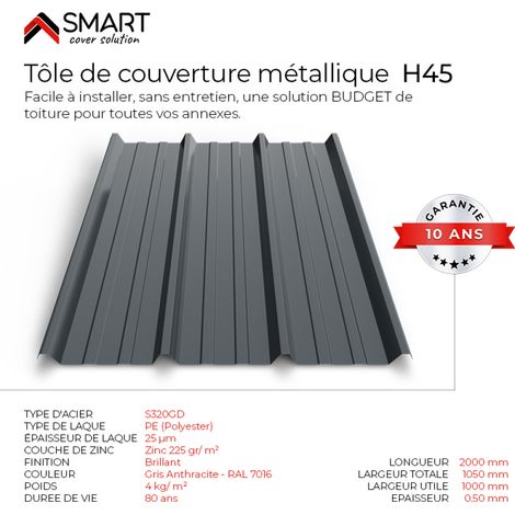 Bravo The Smart Solution – Tôle bac acier TR45 – Couverture toiture – Coloris gris anthracite RAL 7016 – Dimensions 2000x1050x0.50mm – Solution économique et durable (1/5)