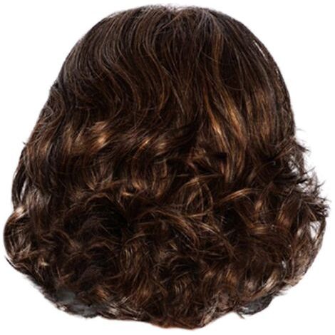 Kurze, lockige Perücke für brünette Frauen, kurzes Haar mit kantigem Pony, aus synthetischen Fasern. (1/5)