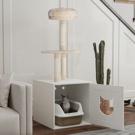 Kratzbaum mit Katzentoilette, 2-in-1-Katzenbaum 129 cm mit Katzentoilettenabdeckung, Kratzbaum, cremefarben