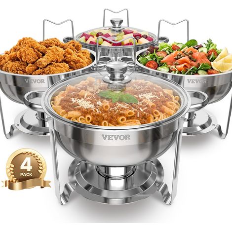 Chauffe-Plat 4PCs 4,7 L, Buffet Chauffant Rond, Réchaud en Acier Inoxydable, avec 4 Bacs Pleine Grandeur et Couvercle en Verre, pour Buffet Libre-Service Hôtel Traiteur Restauration, Argenté (1/5)
