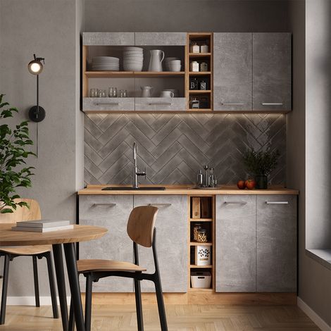 Cuisine R-Line, Béton/force d'or Chêne, 160cm sans PT, Vicco