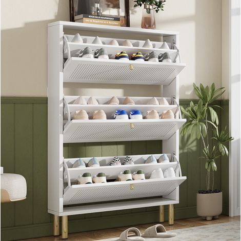 Schuhschrank aus MDF und Spanplatte, weiß, 3 geriffelte Klappen, 73 x 23 x 125 cm (1/5)