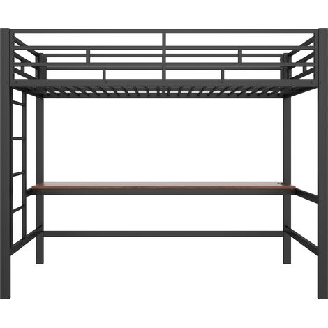 Cama alta 90 x 200 cm de metal negro con escritorio, escalera, barandilla y LED (1/5)