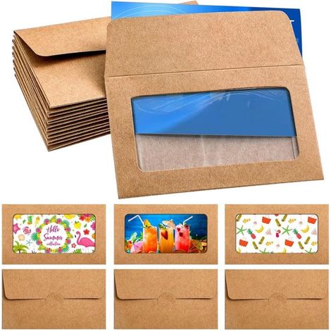 120 Kraftpapier Umschläge mit Sichtfenster Kleine Geschenkkartenhüllen (10 x 6 cm) Für Visitenkarten, Gutscheine und Geld Braunes Kraftpapier Kle (1/5)