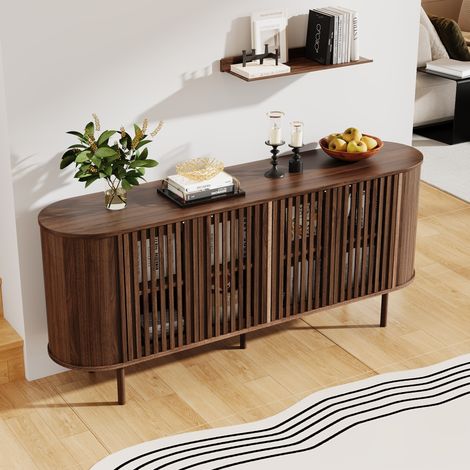 Credenza 160 x 40 x 70 cm con 4 ante scorrevoli traforate, MDF, colore noce HAVRYA (1/4)