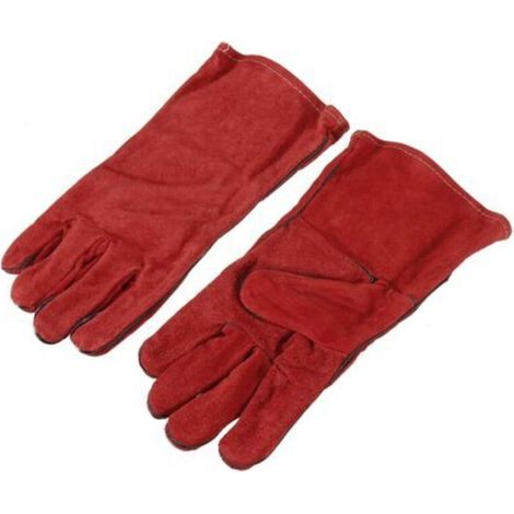 2 pièces 14 " gants de soudeur de jardinage robustes hommes femmes résistant aux épines travail du cuir antidérapant - Rouge
