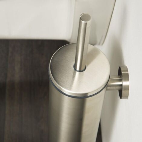 Brosse WC en acier inoxydable 304 avec support rond , fixation murale pour toilettes à profil haut , outil de nettoyage de salle de bain durable et peu encombrant. (1/3)