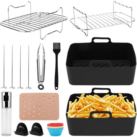 Kit accessoires friteuse à air 22 pièces, paniers silicone noirs, grilles, spray huile, moules, pince et pinceau (1/5)